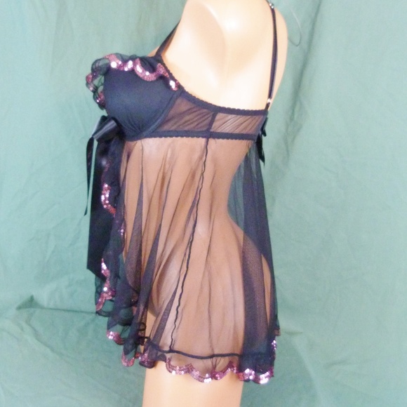 Victorias Secret 34C Medium Black Baby Doll Lingerie Sequin Bling - Picture 7 of 8